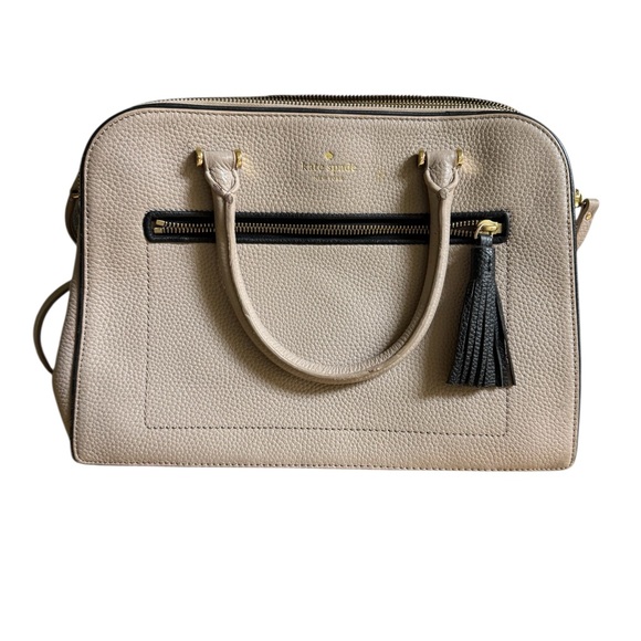 kate spade Handbags - Kate Spade New York Pebbled Leather Satchel Beige Black Tassel Top Handle Bag